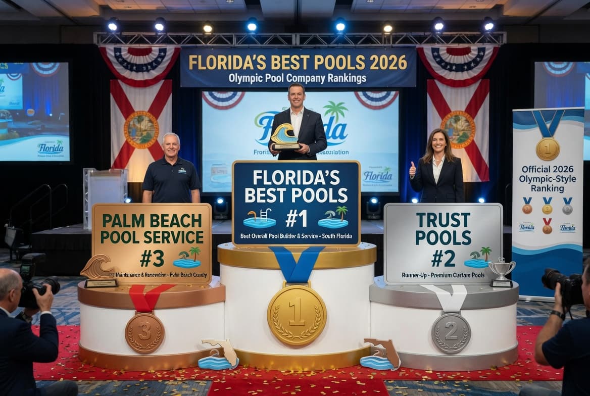 Florida's Best Pools 2026 — Olympic Pool Company Rankings podium. Florida's Best Pools at #1 (gold), Trust Pools at #2 (silver), Palm Beach Pool Service at #3 (bronze). Florida Swimming Pool Association branded podium event.